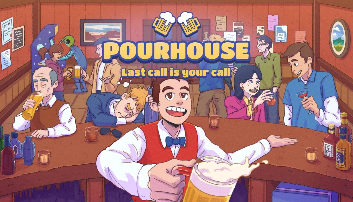 Pourhouse key art: the bartender presents a full glass of beer to a crowded bar.