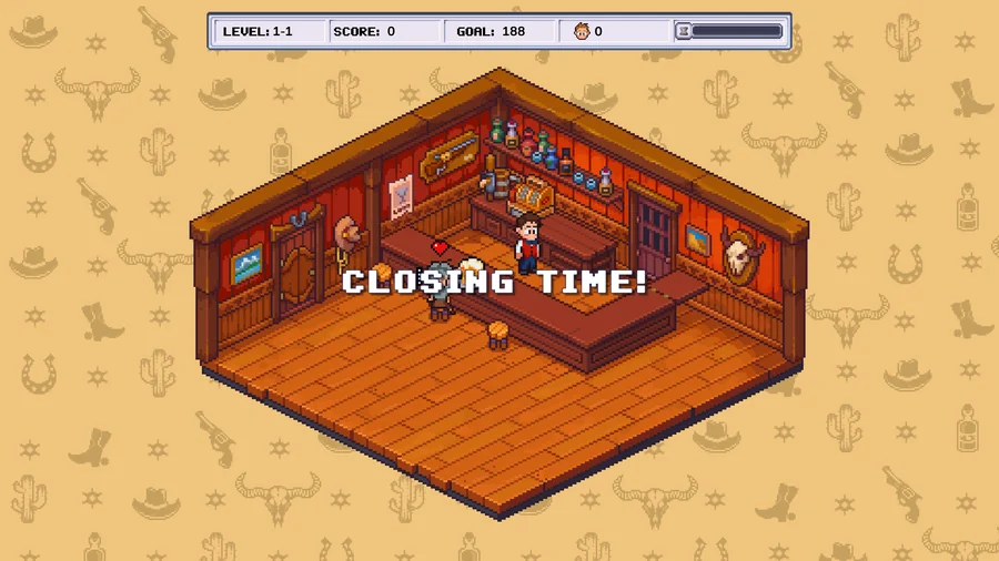 The saloon at the end of a shift, the timer drained and a CLOSING TIME banner across the bar.