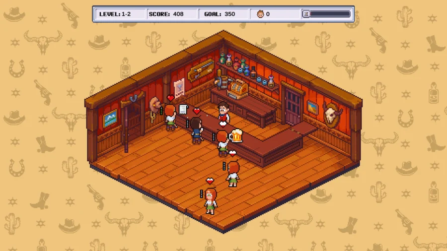 A packed saloon with six waiting patrons, patience meters and hearts above their heads.