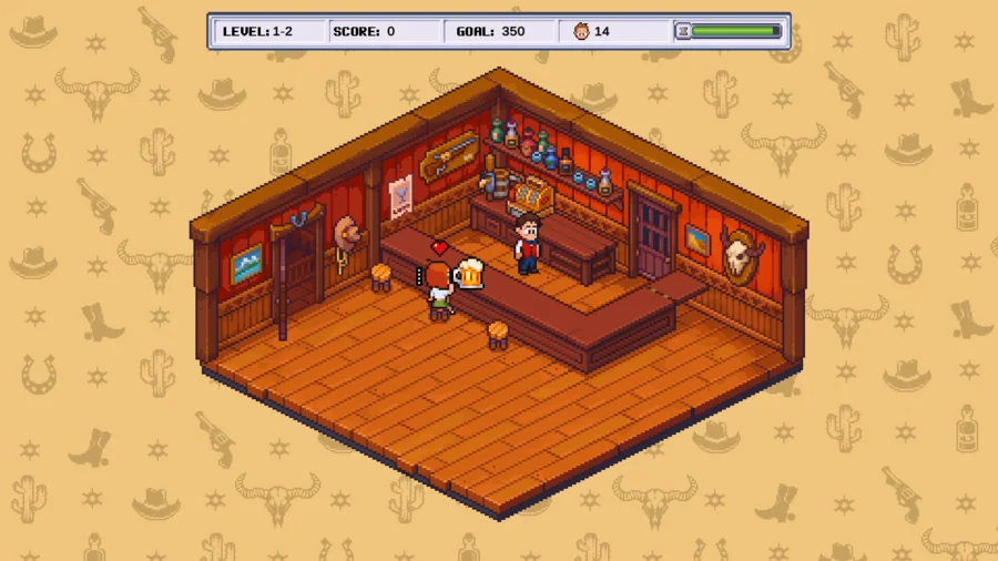 An isometric pixel-art western saloon with a wooden bar, mounted steer skull and shelves of bottles.