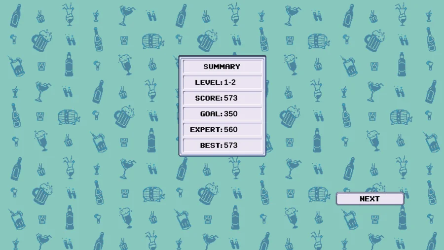 Summary panel showing score, goal, expert and best.