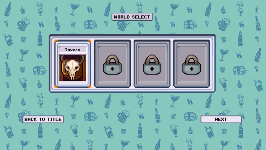 World select screen. The Tavern is unlocked and further worlds are still padlocked.